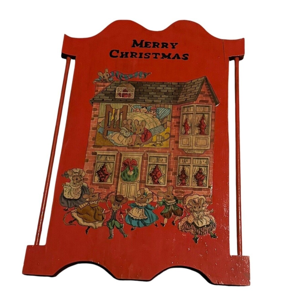 Vintage Wooden Merry Christmas Mice Sled Decoupage Wall Hanging Decor Holiday